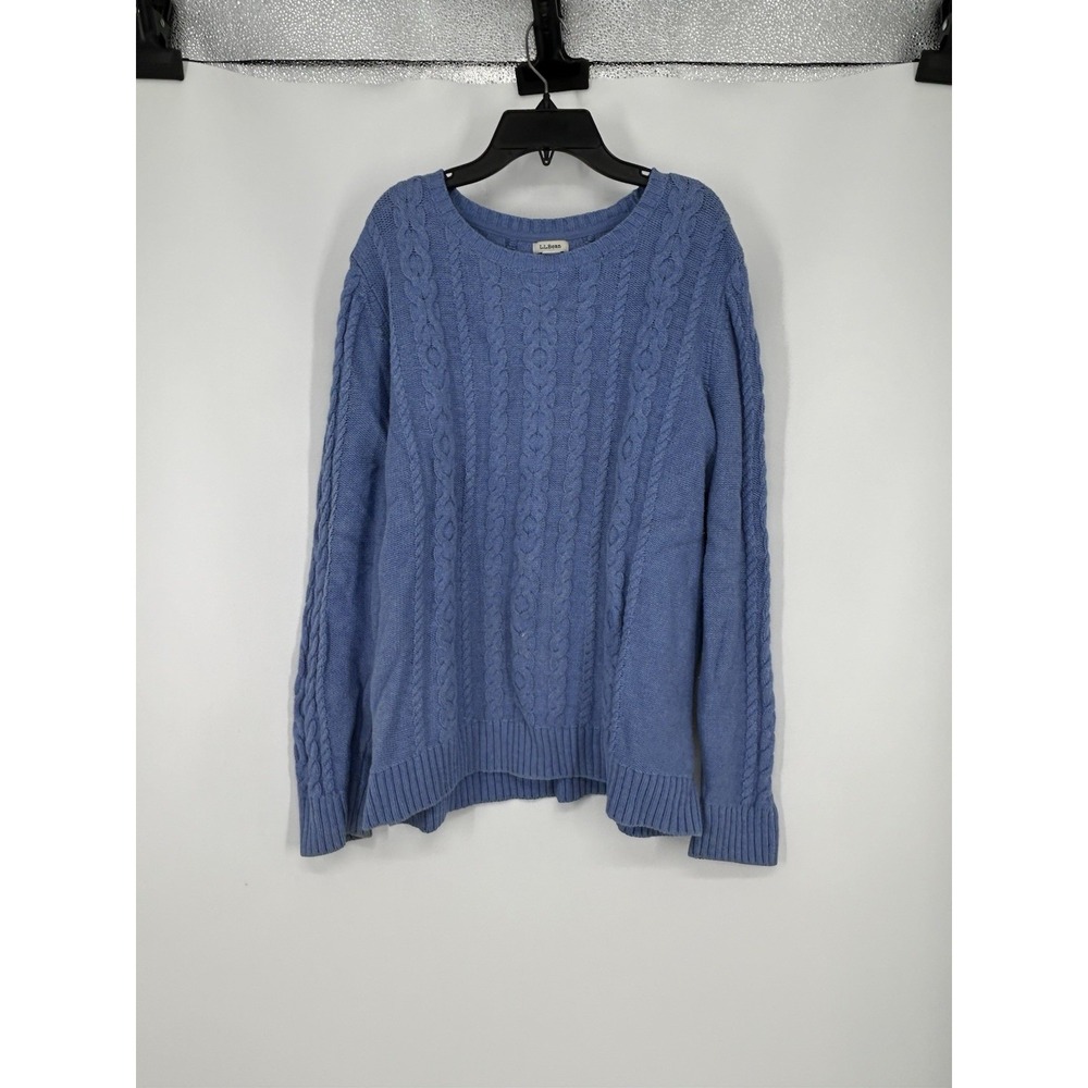 LL Bean Cable Knit 100% Cotton Sweater Blue Crewneck Crew Neck Womens 1X XL